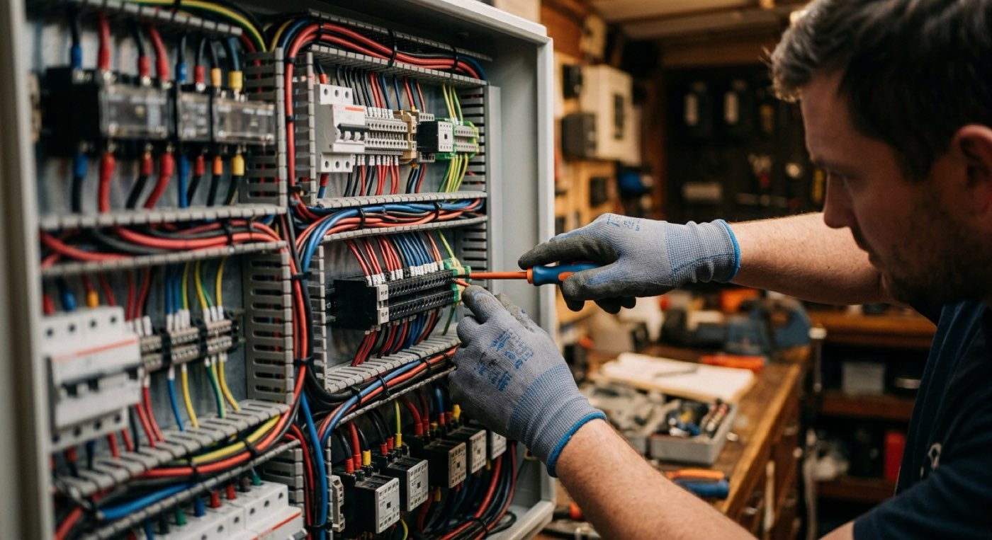 A technician in work gloves wiring a dense electrical distribution panel at a workshop bench.